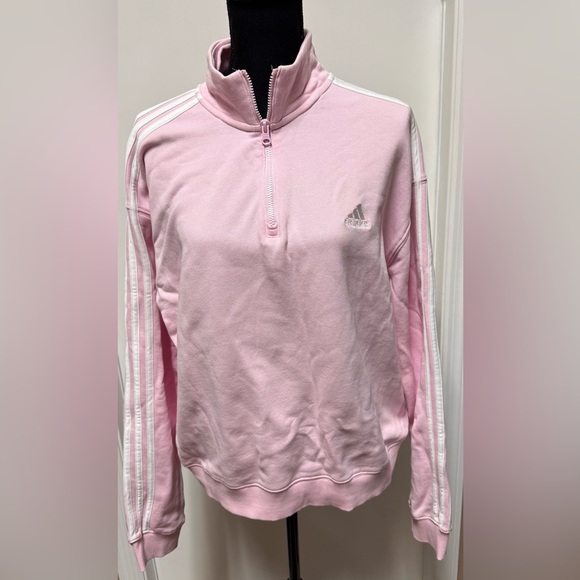 adidas Tops - adidas Pink Half-Zip Sweatshirt with White Stripes